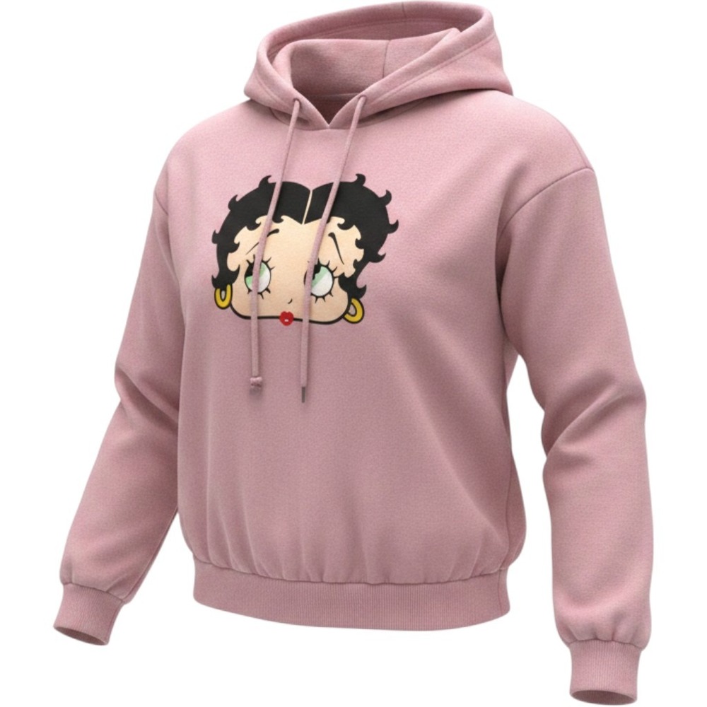 Betty Boop Cropped Hoodie Pink Graphic Sweatshirt Smocked Waist Long Sleeve